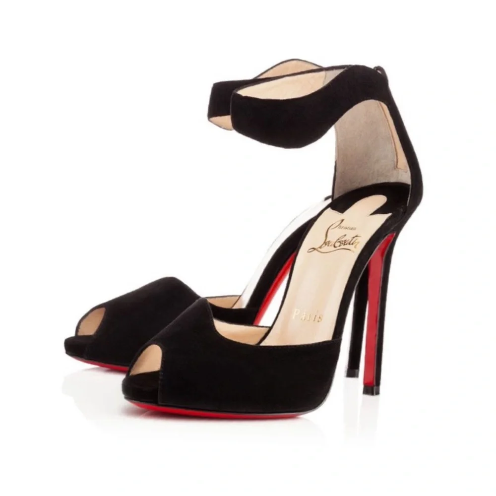 Christian Louboutin Leonor Fini 120 Suede Black Sandals Heels Shoes